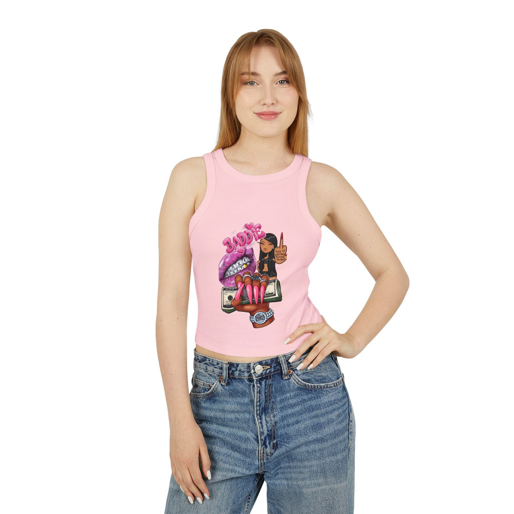Edgy Graphic Racer Tank Top — Bold Lips, Money & Girl Illustration