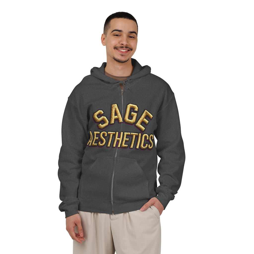 Zip Hoodie — 'Sage Aesthetics' Front with 'Deadly Doll' Gold Graffiti Back