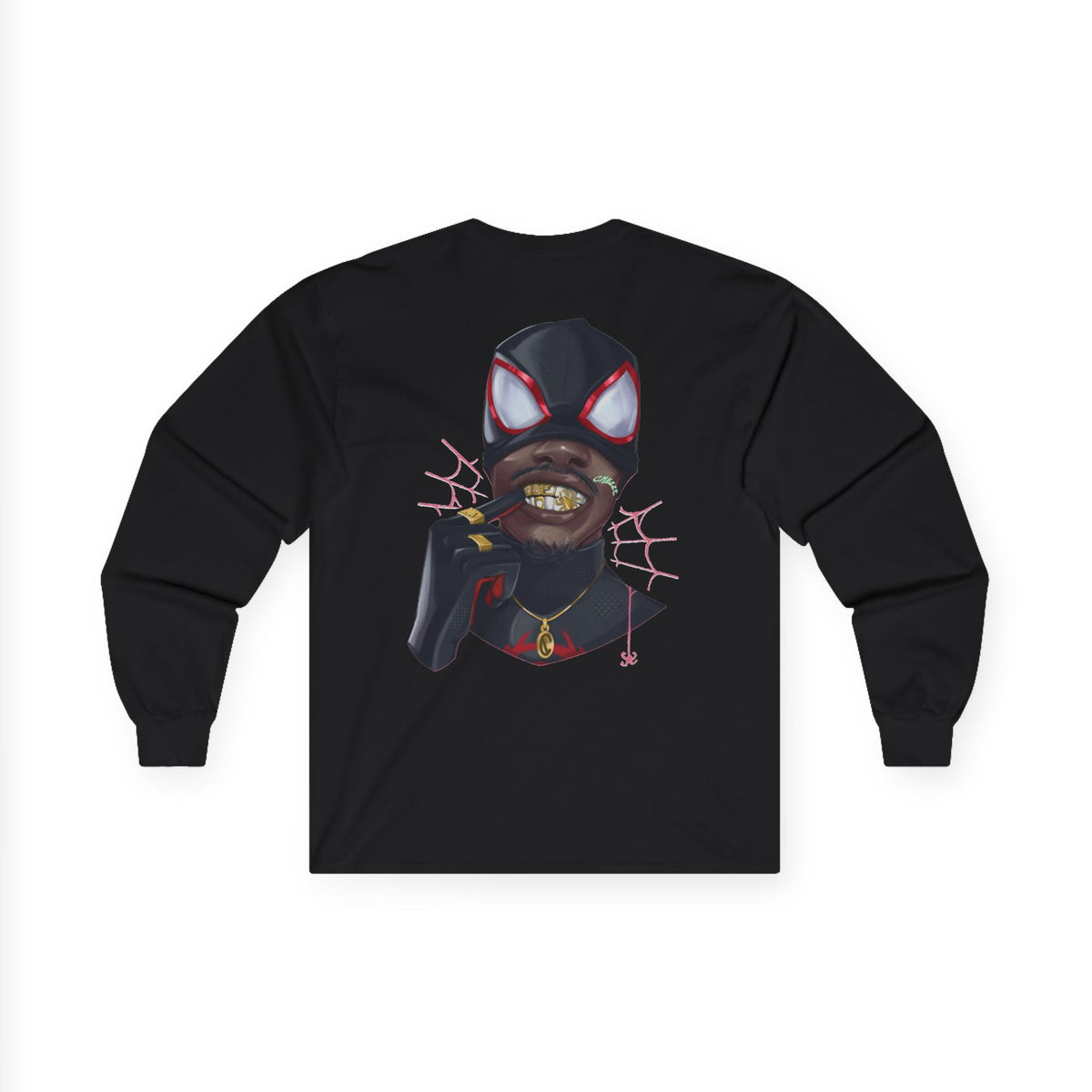 Spider-Man Style Long Sleeve Tee — 'Ambush' Graphic with Masked Face and Gold Grill