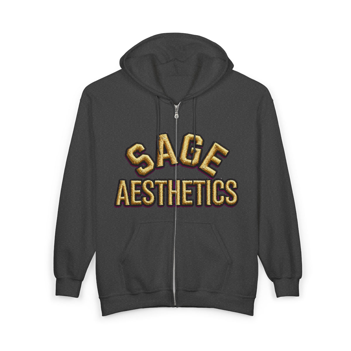 Zip Hoodie — 'Sage Aesthetics' Front with 'Deadly Doll' Gold Graffiti Back