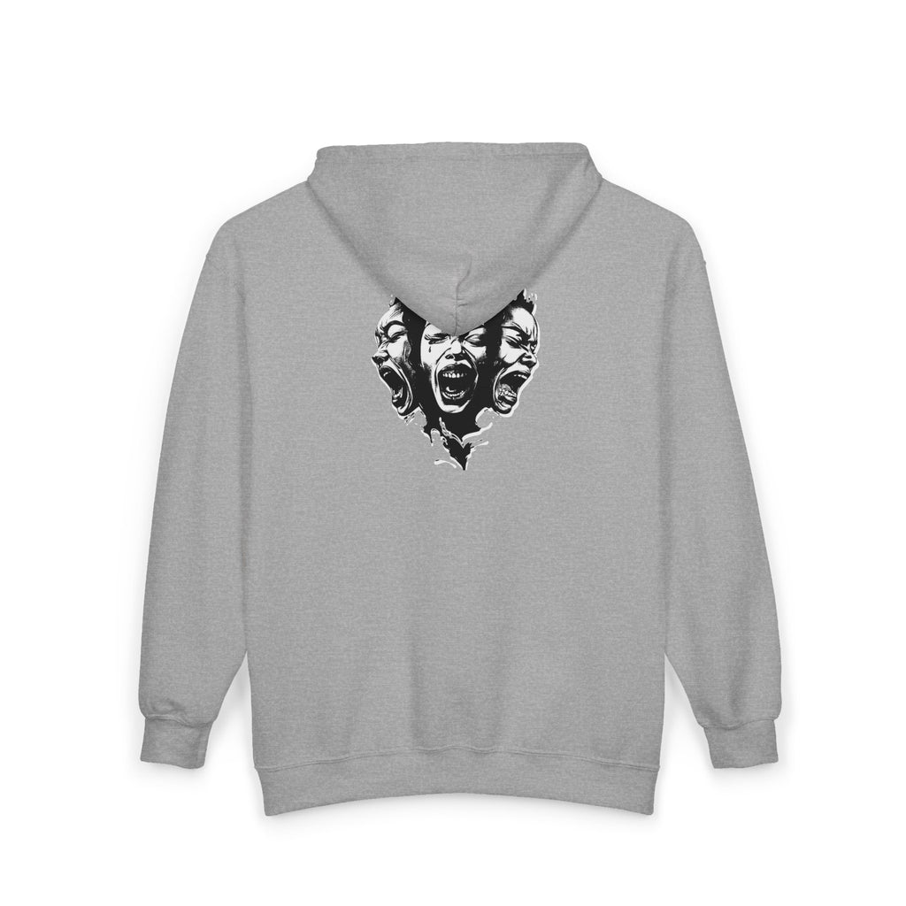 Zip Hoodie — Sage Aesthetics Graphic Full-Zip Hoodie with Screaming Faces Back Design