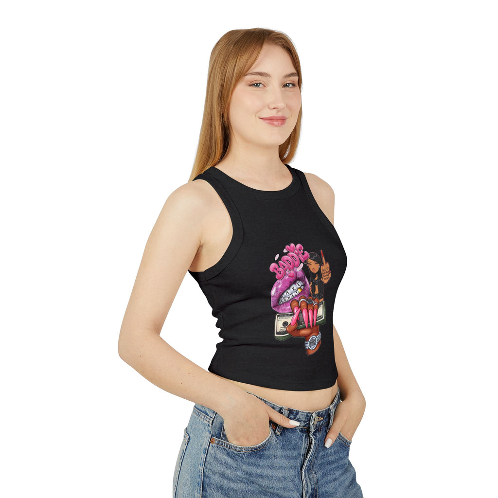 Edgy Graphic Racer Tank Top — Bold Lips, Money & Girl Illustration