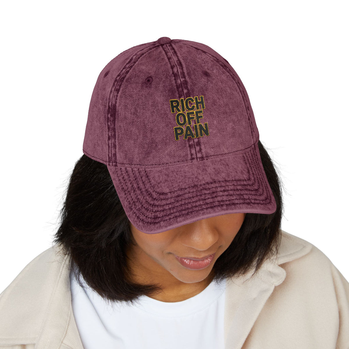 Vintage Embroidered Cap — "Rich Off Pain" Distressed Baseball Hat