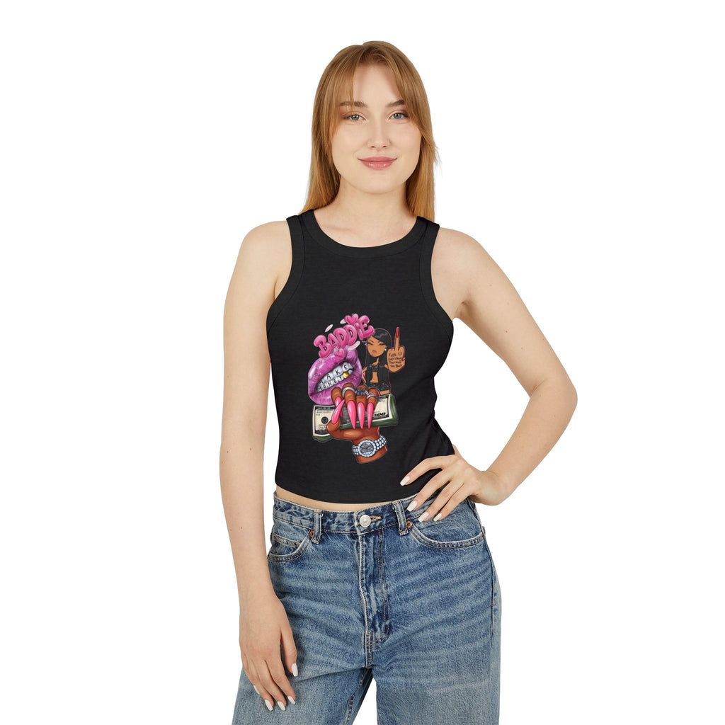 Edgy Graphic Racer Tank Top — Bold Lips, Money & Girl Illustration