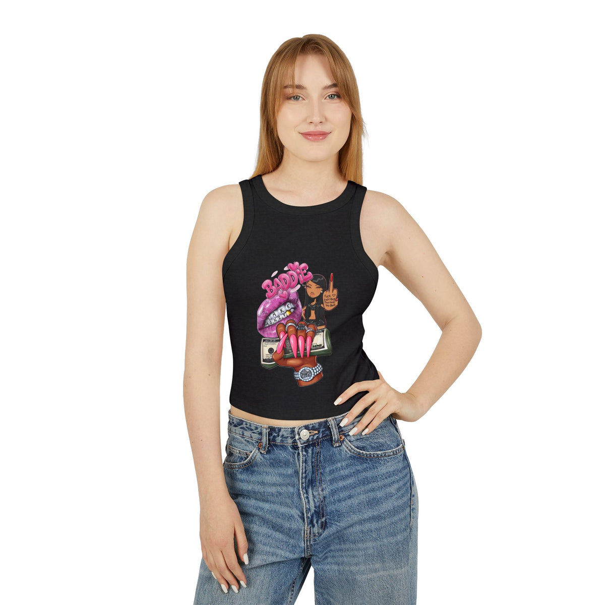 Edgy Graphic Racer Tank Top — Bold Lips, Money & Girl Illustration