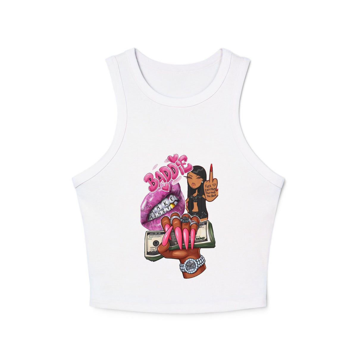 Edgy Graphic Racer Tank Top — Bold Lips, Money & Girl Illustration