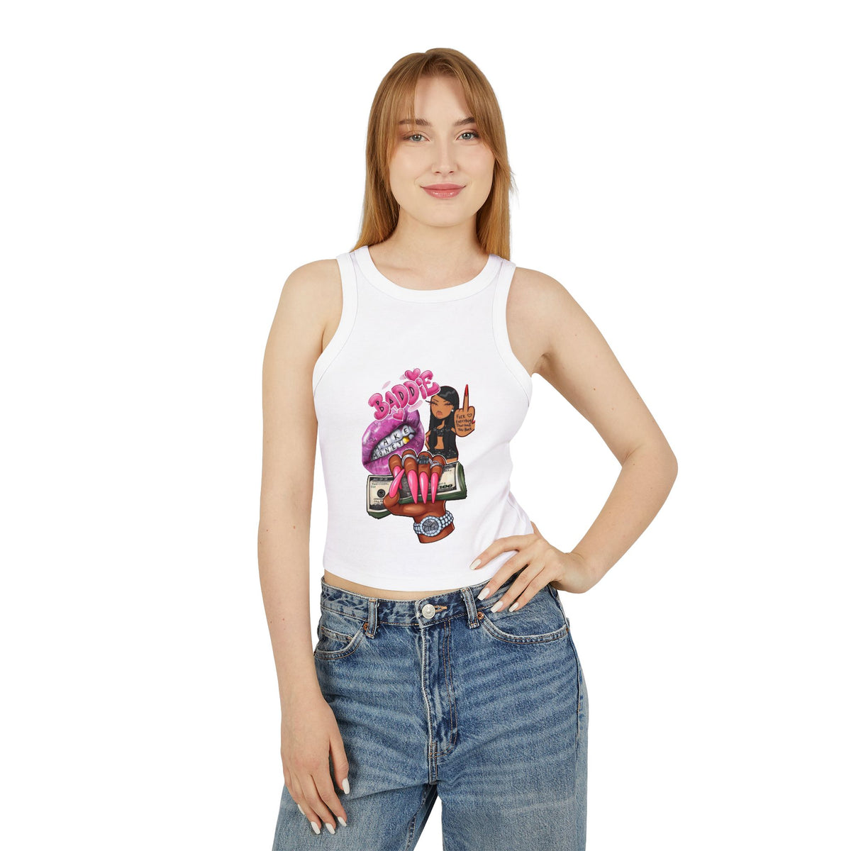 Edgy Graphic Racer Tank Top — Bold Lips, Money & Girl Illustration