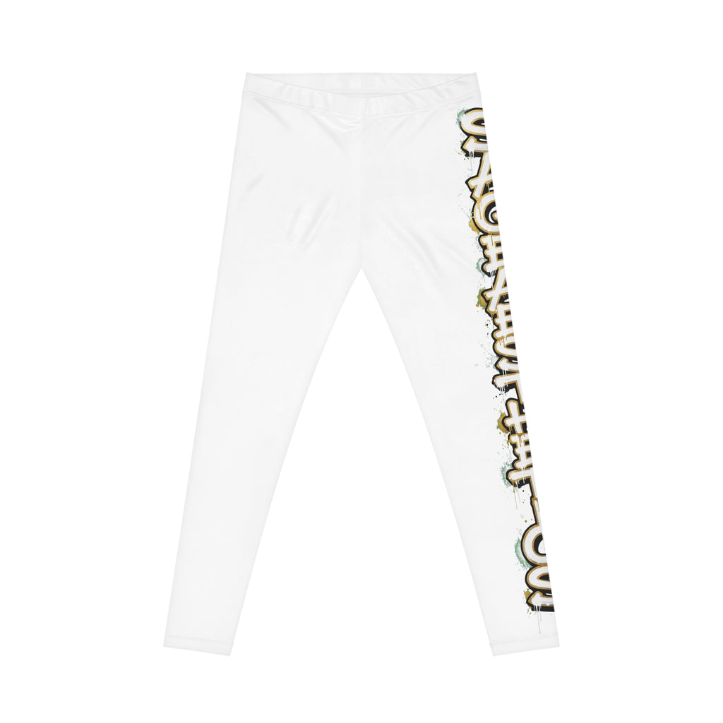 White Side-Print Leggings with Vertical Graffiti Text