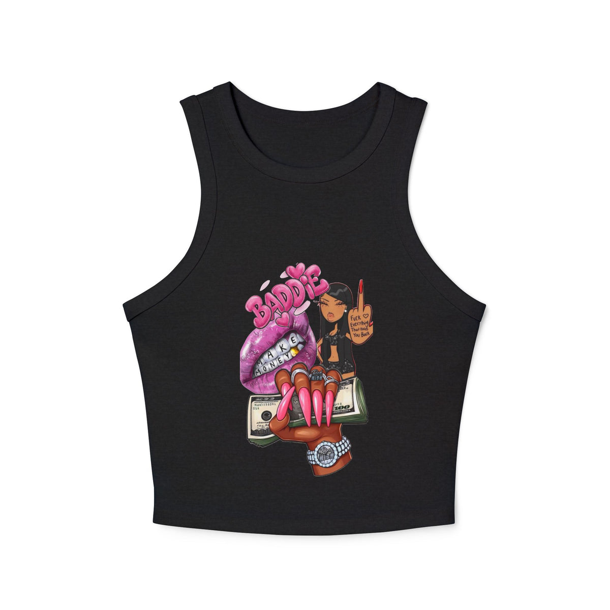Edgy Graphic Racer Tank Top — Bold Lips, Money & Girl Illustration
