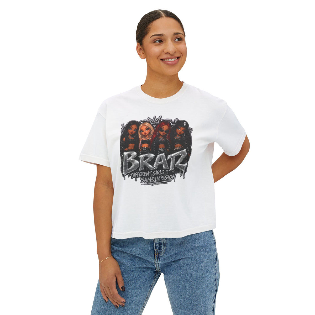 Bratz Graphic Boxy Tee – 'Different Girls Same Mission' Women's Cropped T‑Shirt