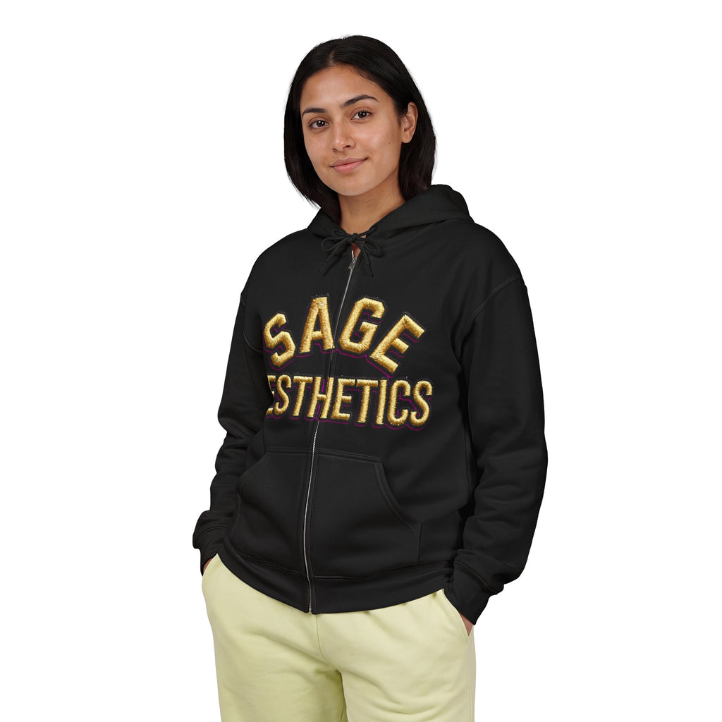 Zip Hoodie — 'Sage Aesthetics' Front with 'Deadly Doll' Gold Graffiti Back
