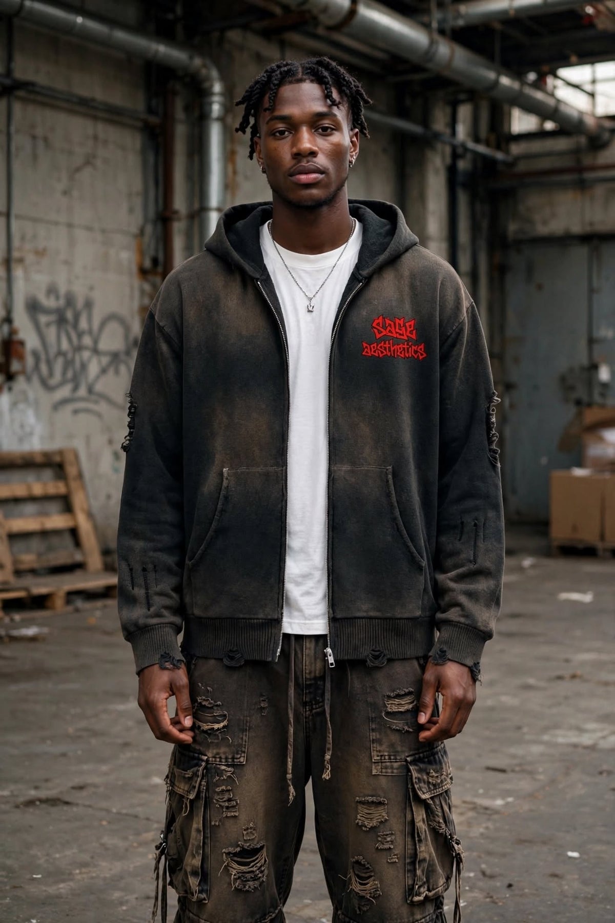 Unisex Distressed Full Zip Sweater