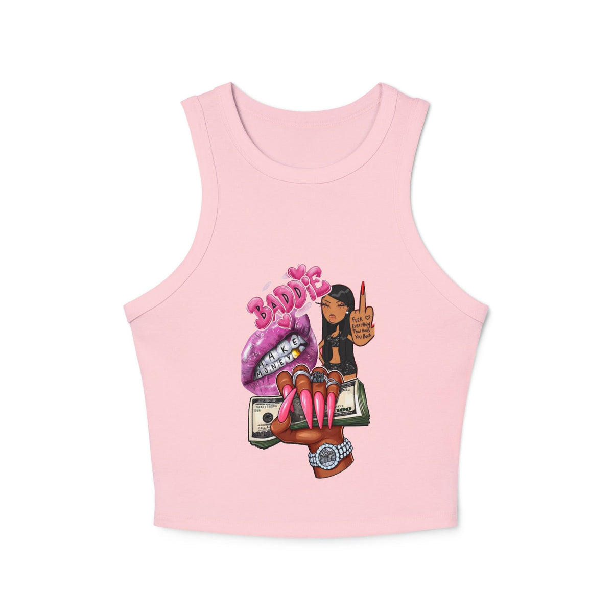 Edgy Graphic Racer Tank Top — Bold Lips, Money & Girl Illustration