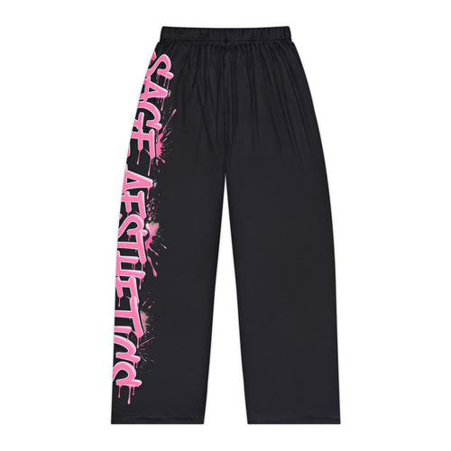 Black Pajama Pants with Pink 'SAGE AESTHETICS' Side Graffiti — Women's Lounge Sleepwear