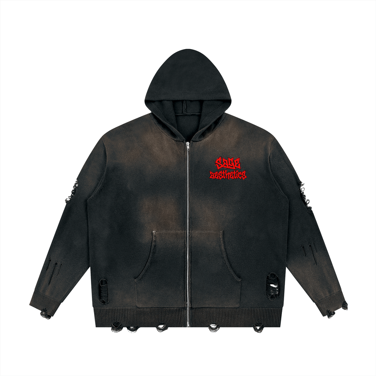 Unisex Distressed Full Zip Sweater