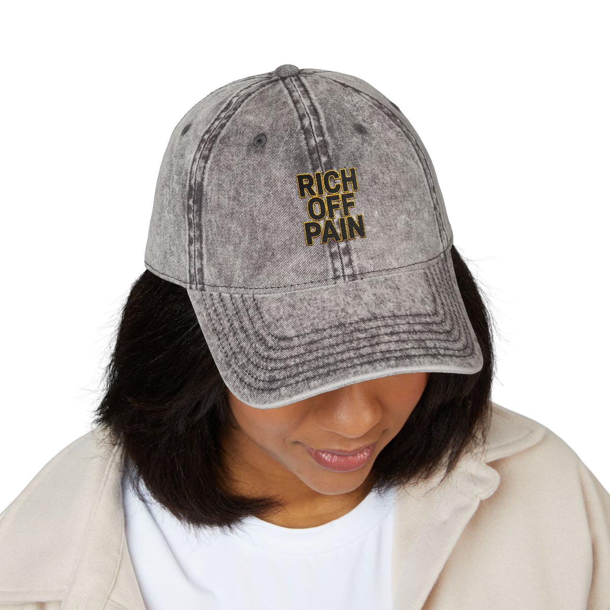 Vintage Embroidered Cap — "Rich Off Pain" Distressed Baseball Hat