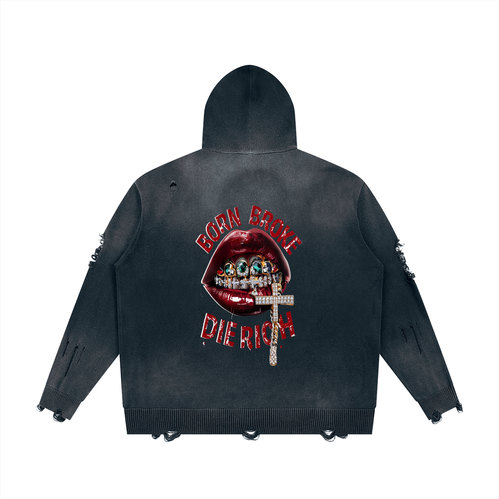 Unisex Distressed Full Zip Sweater