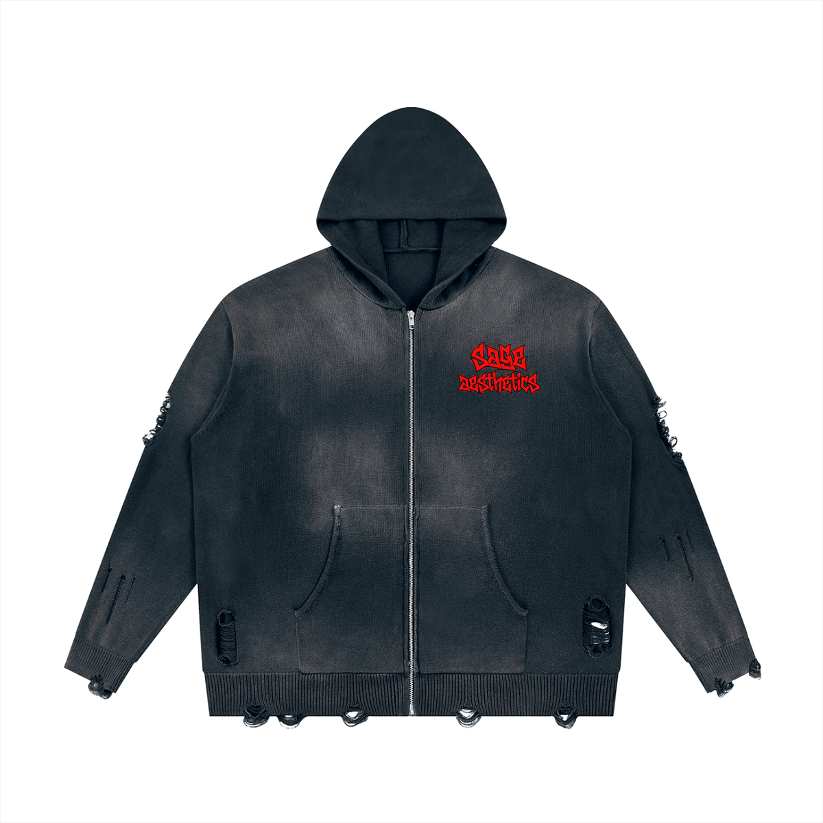 Unisex Distressed Full Zip Sweater