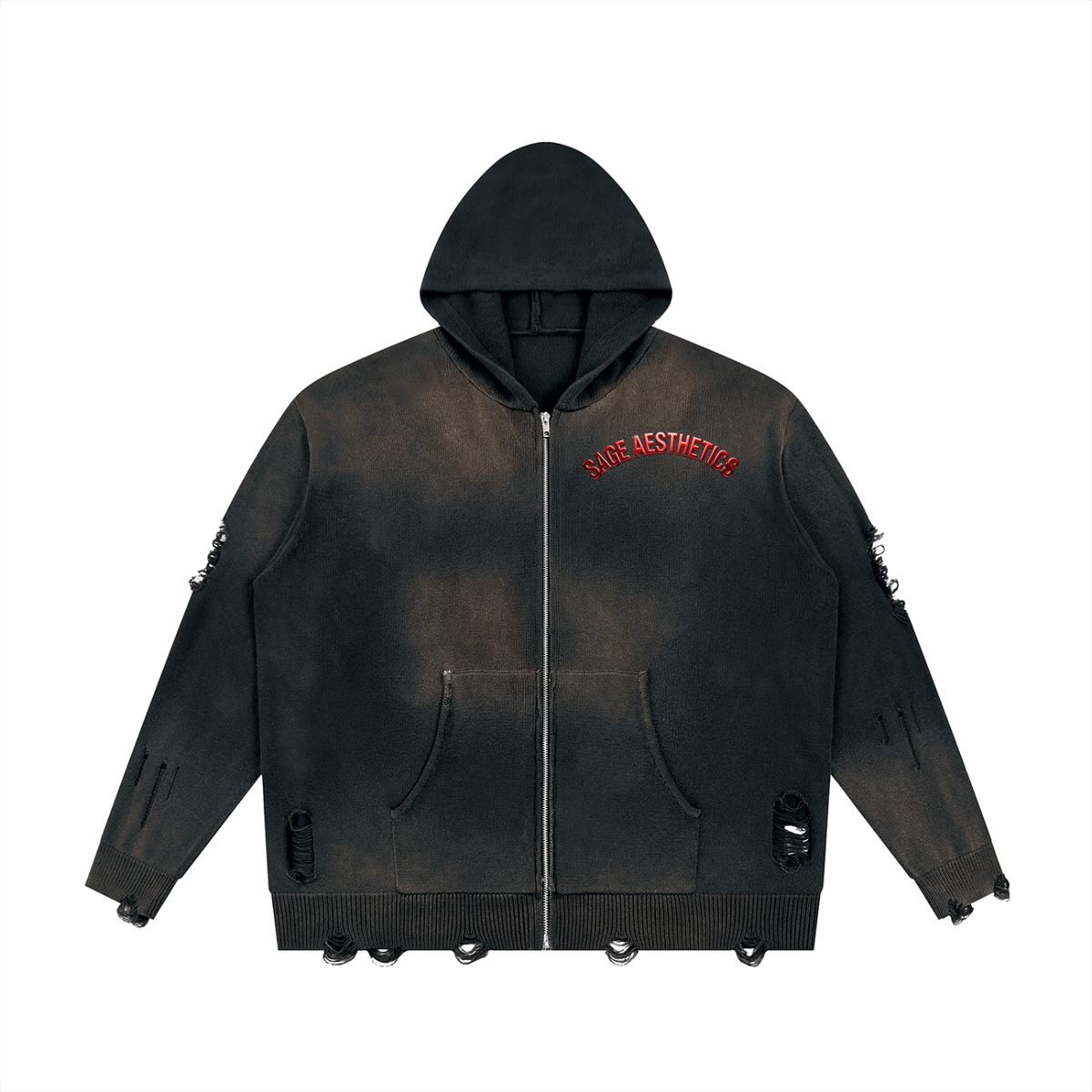 Unisex Distressed Full Zip Sweater
