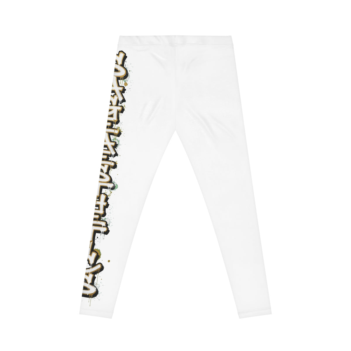 White Side-Print Leggings with Vertical Graffiti Text