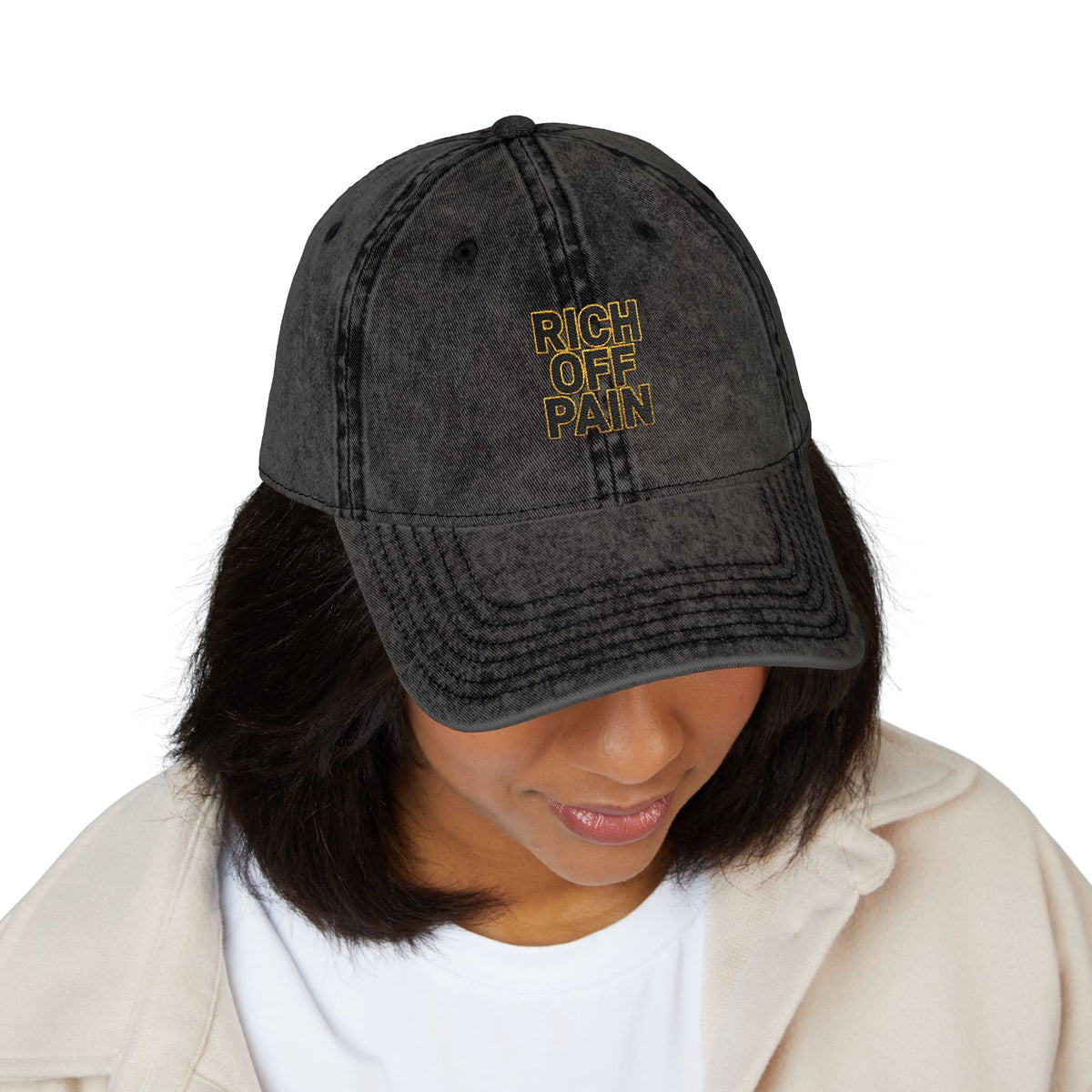 Vintage Embroidered Cap — "Rich Off Pain" Distressed Baseball Hat