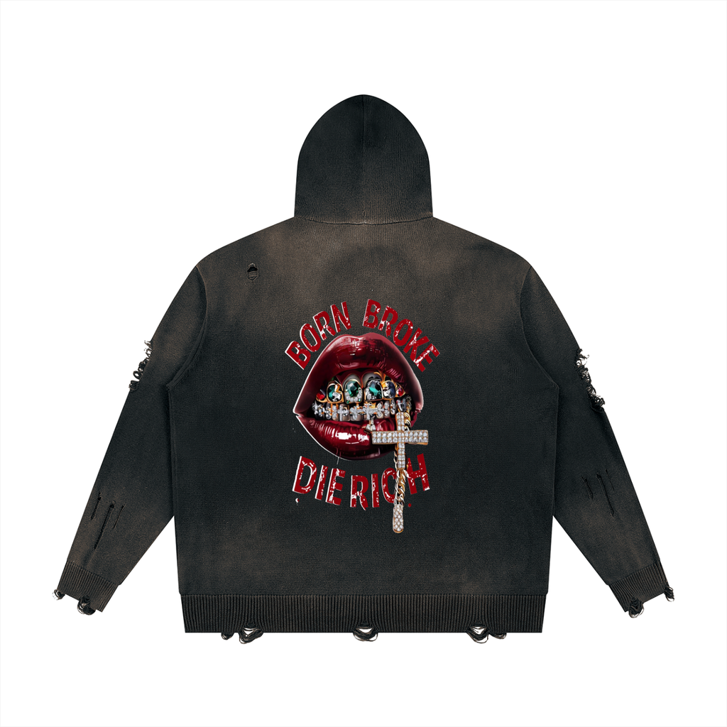 Unisex Distressed Full Zip Sweater